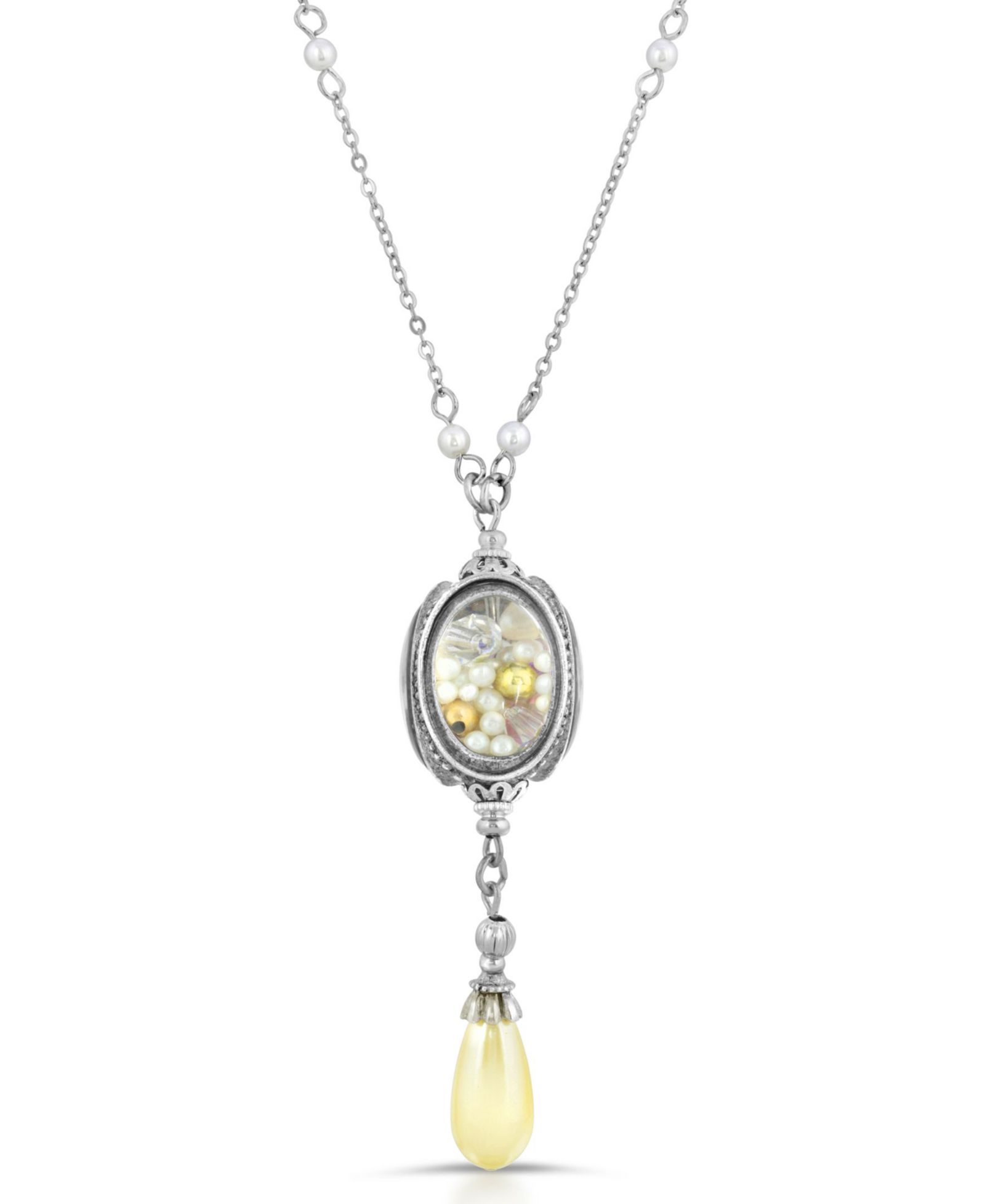 2028 Antique-like Pewter Imitation Pearl Drop Spinner Necklace