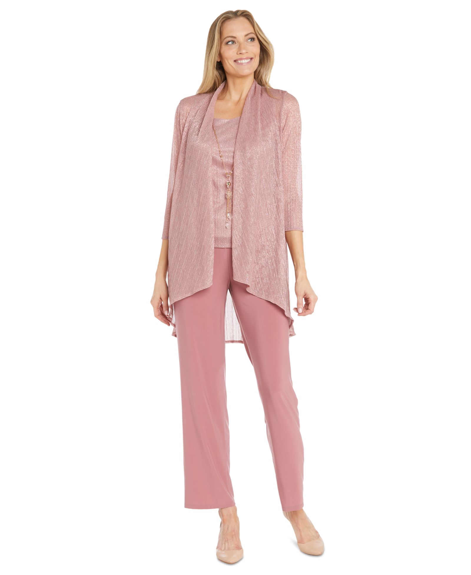 R & M Richards 3-Piece Metallic Jacket, Necklace Top & Pants Set