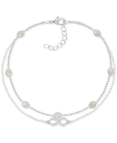 And Now This Imitation Pearl & Crystal Infinity Double Row Ankle Bracelet in Silver-Plate