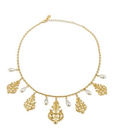2028 Tone Filigree Drop with Pearl Drop Necklace