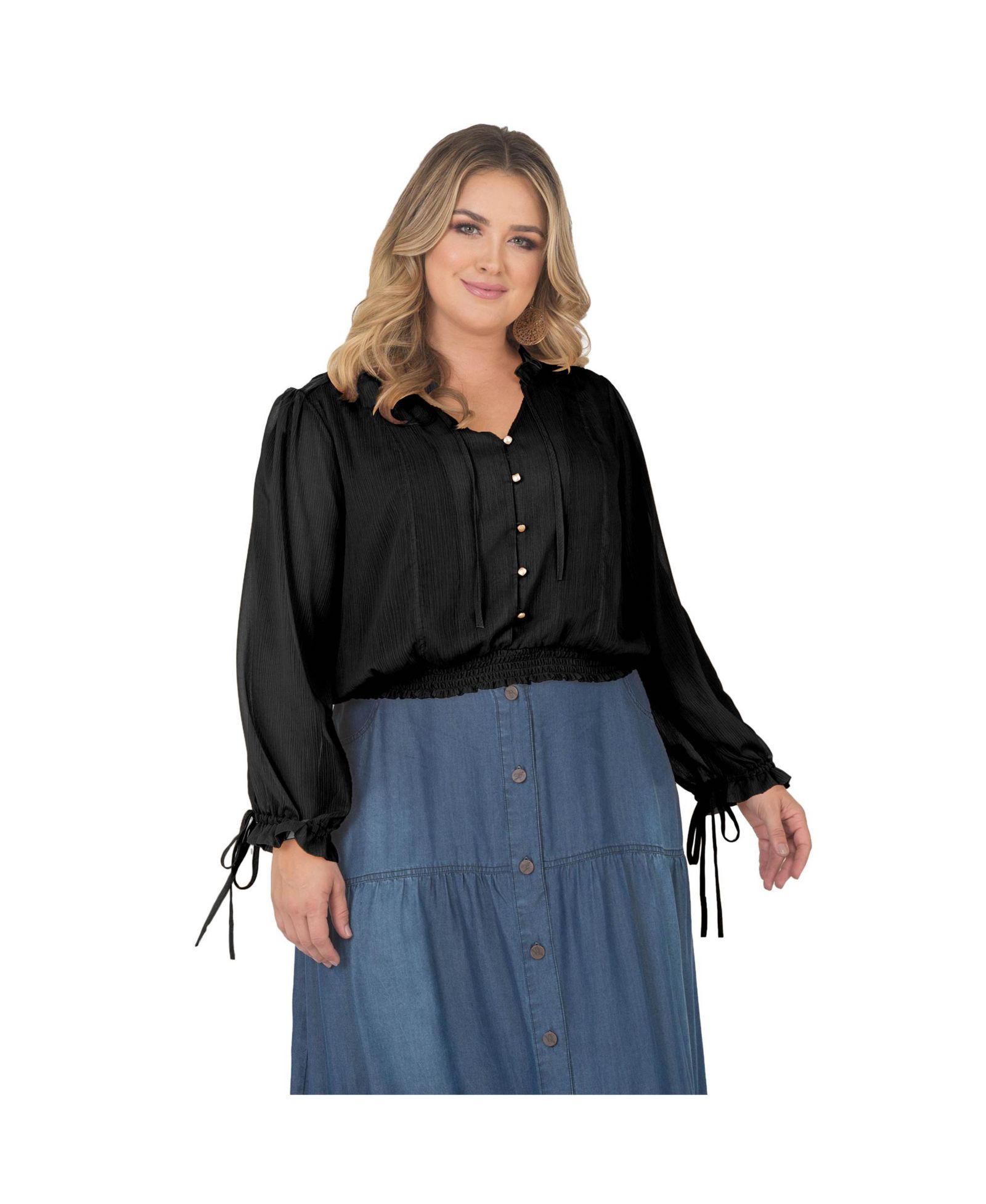 Standards & Practices Plus Size Long Bishop Tie Sleeve Chiffon Blouse