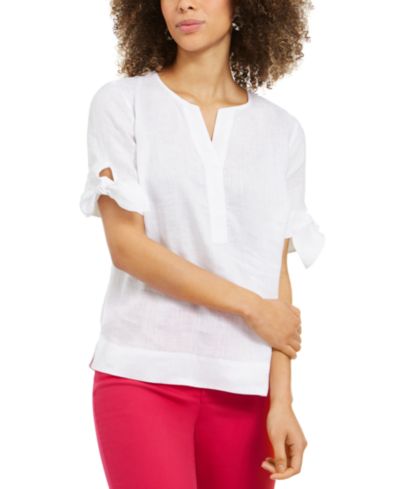 Женский топ Charter Club Plus Size 100% Linen Split-Neck Tie-Cuff