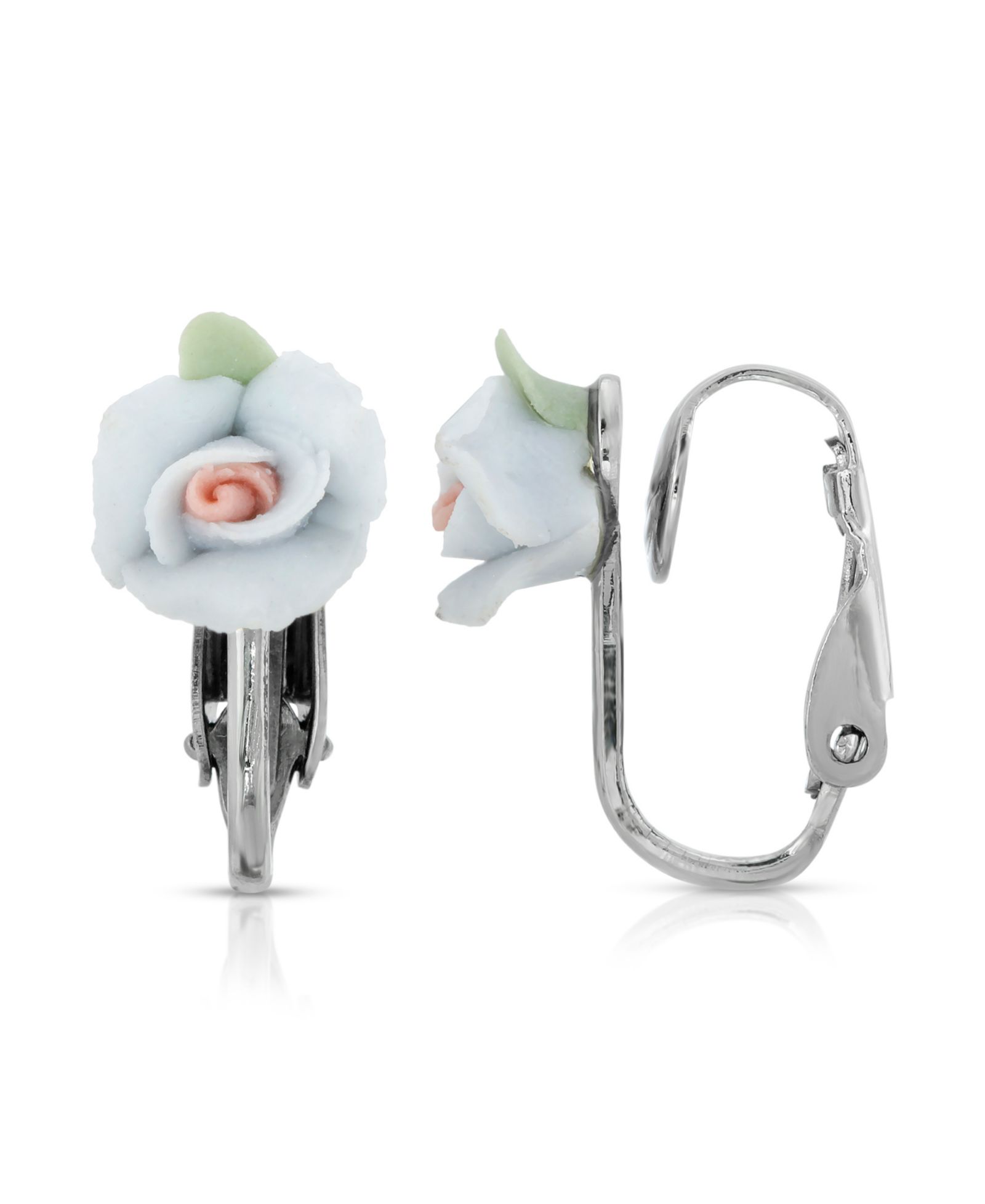 2028 Silver Tone Porcelain Rose Clip Earrings