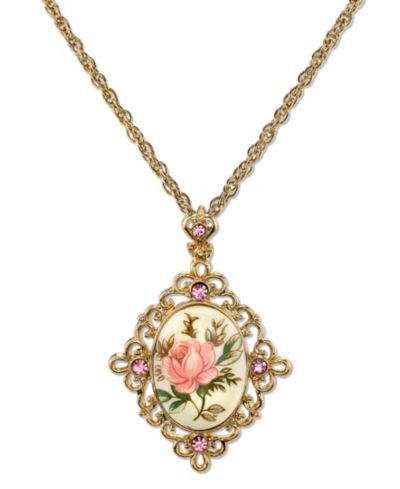 2028 Gold Tone Ivory Color Floral Decal Crystal Accent Pendant 16" Adjustable Necklace
