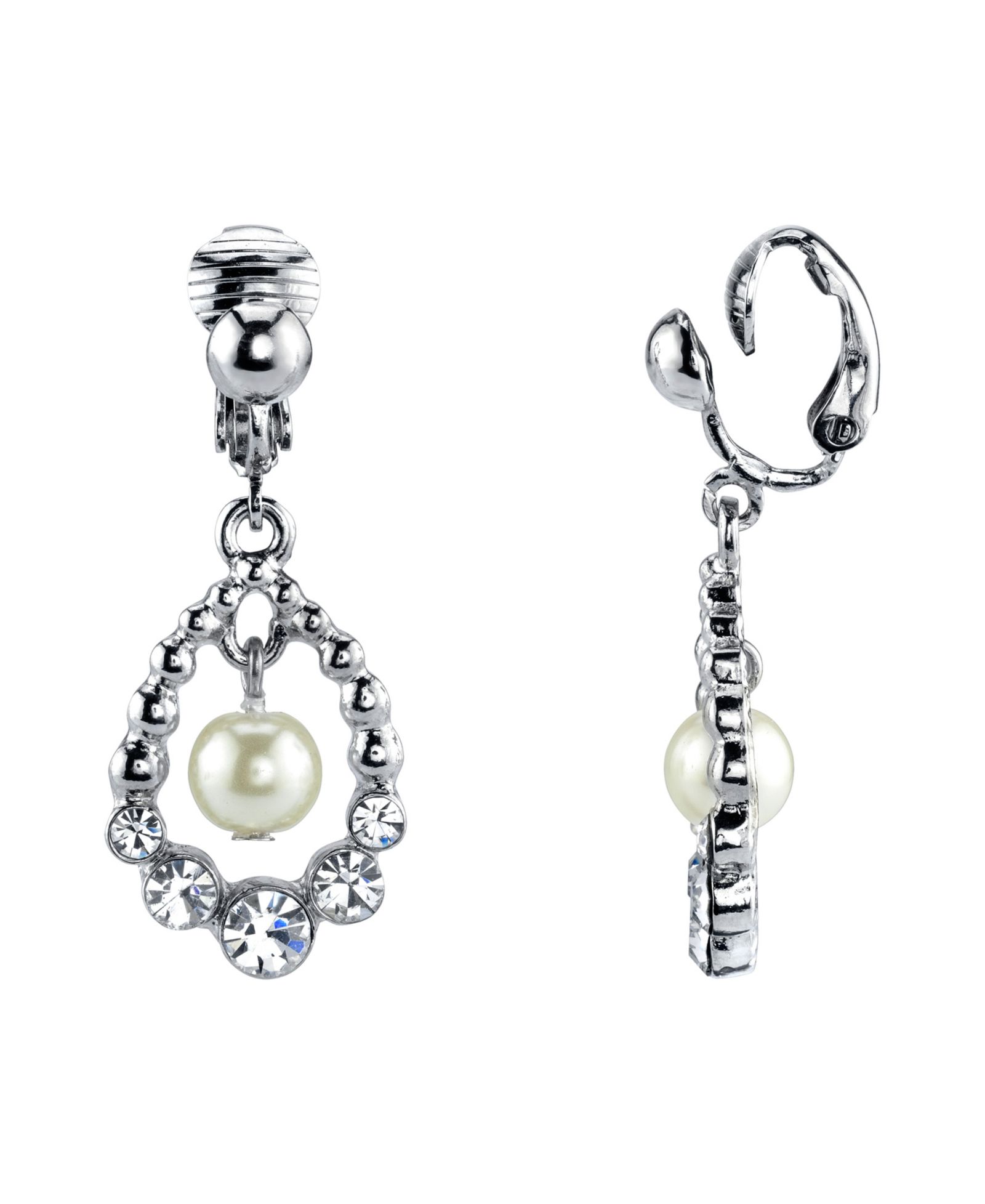 Серьги Bling Jewelry 2028 Silver Tone Imitation Pearl and Crystal Clip Drop