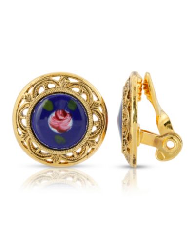 2028 Gold Tone with Flower Decal Stone Clip Earrings