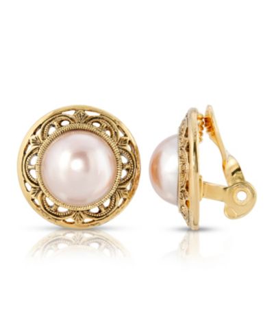 Серьги-клипсы 2028 Gold Tone Imitation Pearl Round Button