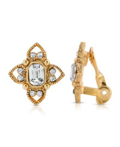 Серьги-клипсы 2028 Gold Tone Clear Crystal Rectangle Crystal Floral