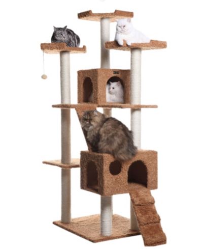 Armarkat 74" Multi-Level Real Wood Cat Tree with ScratchhIng Posts, Large Platform, and Sisal Scratching Posts in Ochre Brown
