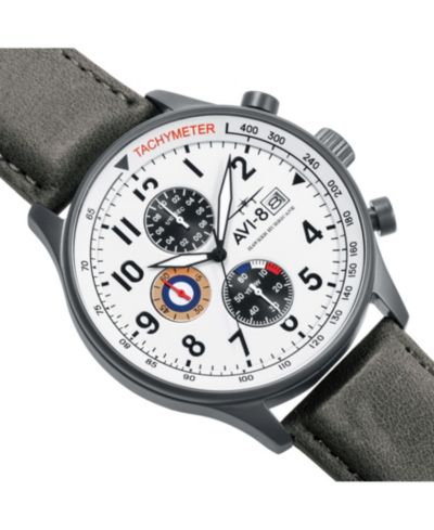 Мужские часы AVI-8 Hawker Hurricane Chronograph с серым кожаным ремешком 42mm