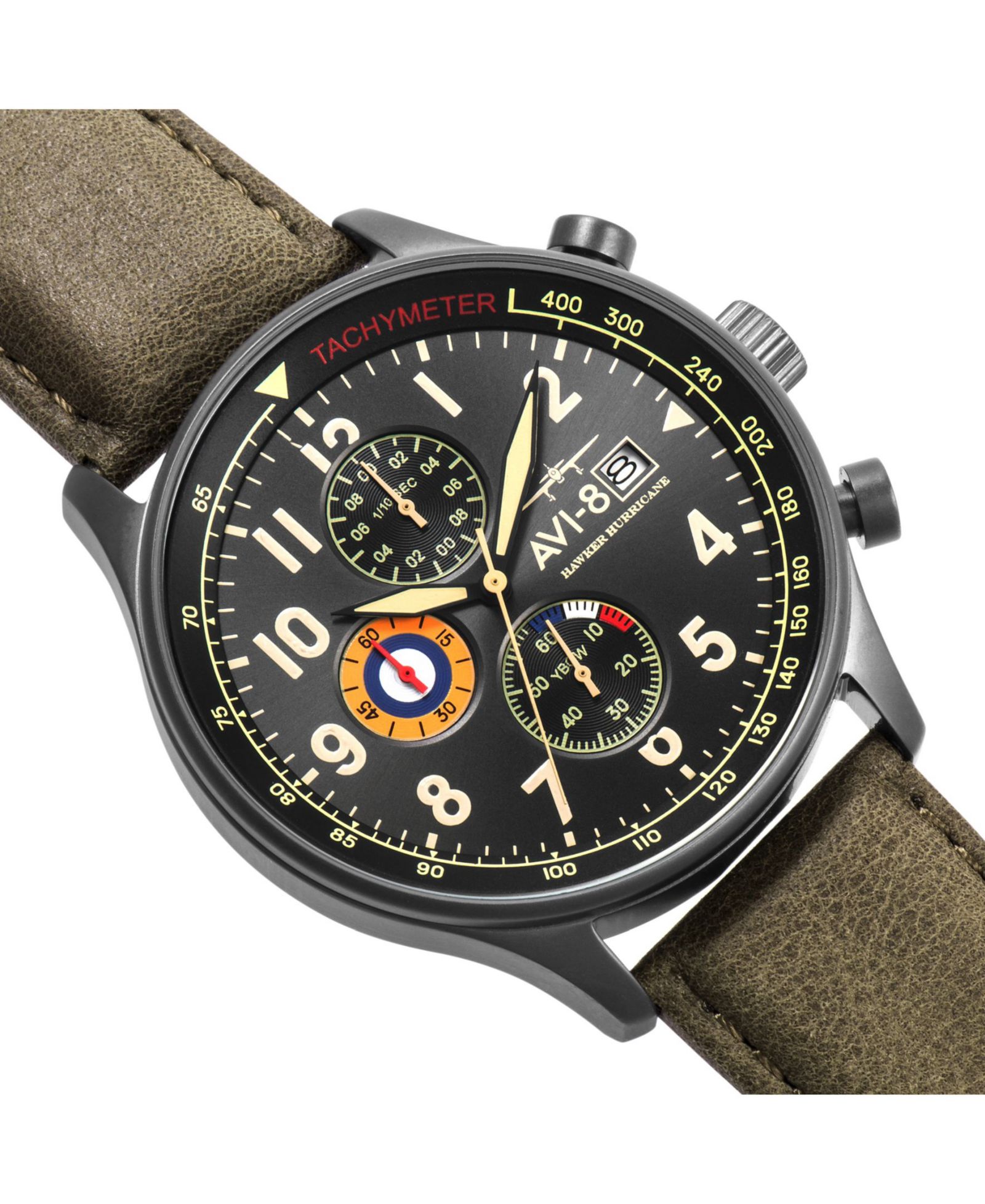 Мужские часы AVI-8 Hawker Hurricane Chronograph, армейский зеленый, кожаный ремешок, 42mm