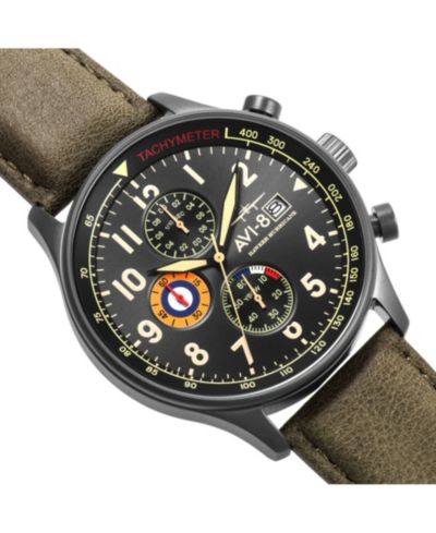 Мужские часы AVI-8 Hawker Hurricane Chronograph, армейский зеленый, кожаный ремешок, 42mm