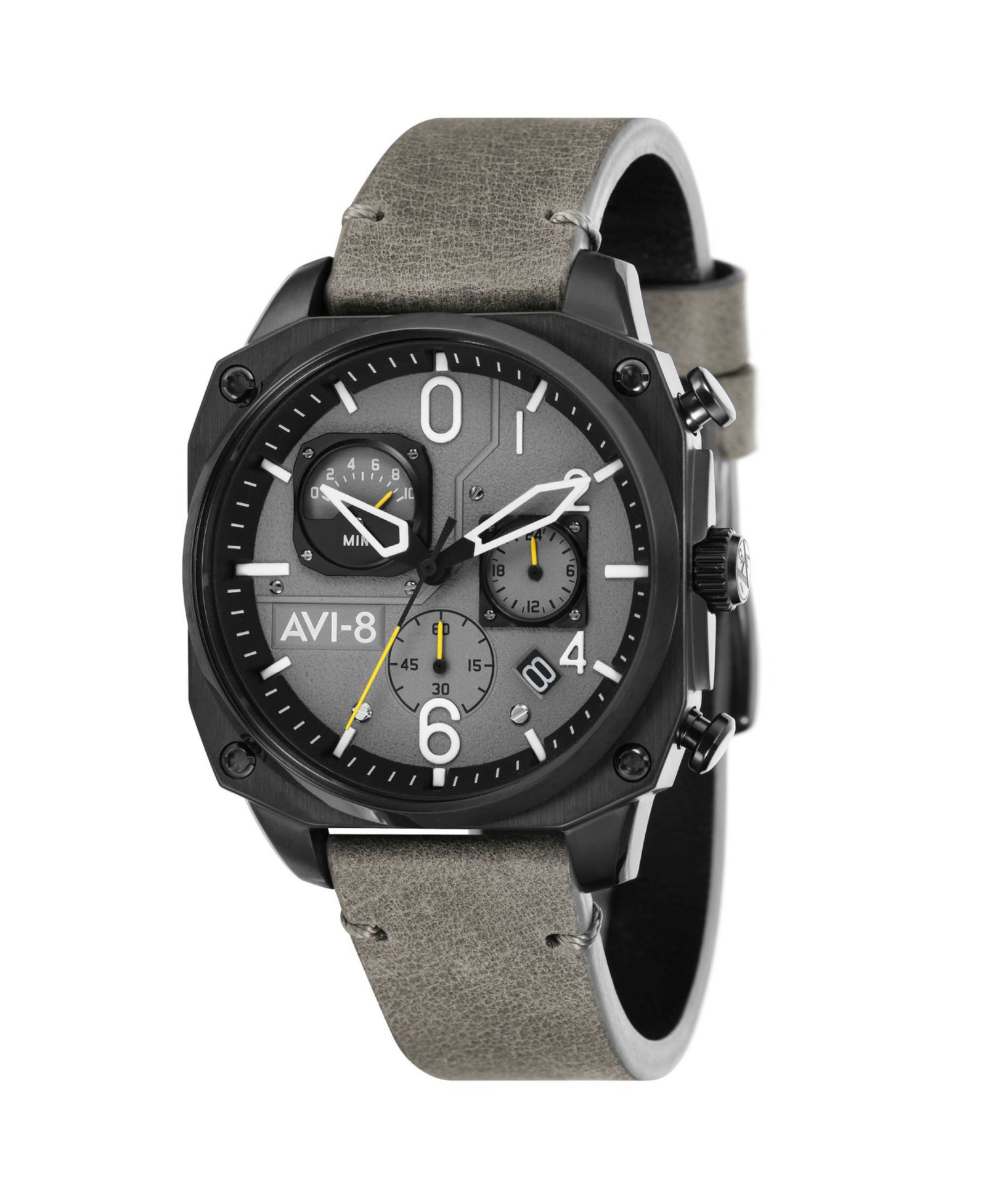 Мужские часы AVI-8 Hawker Hunter Chronograph Retrograde Edition Gray Genuine Leather Strap 45mm