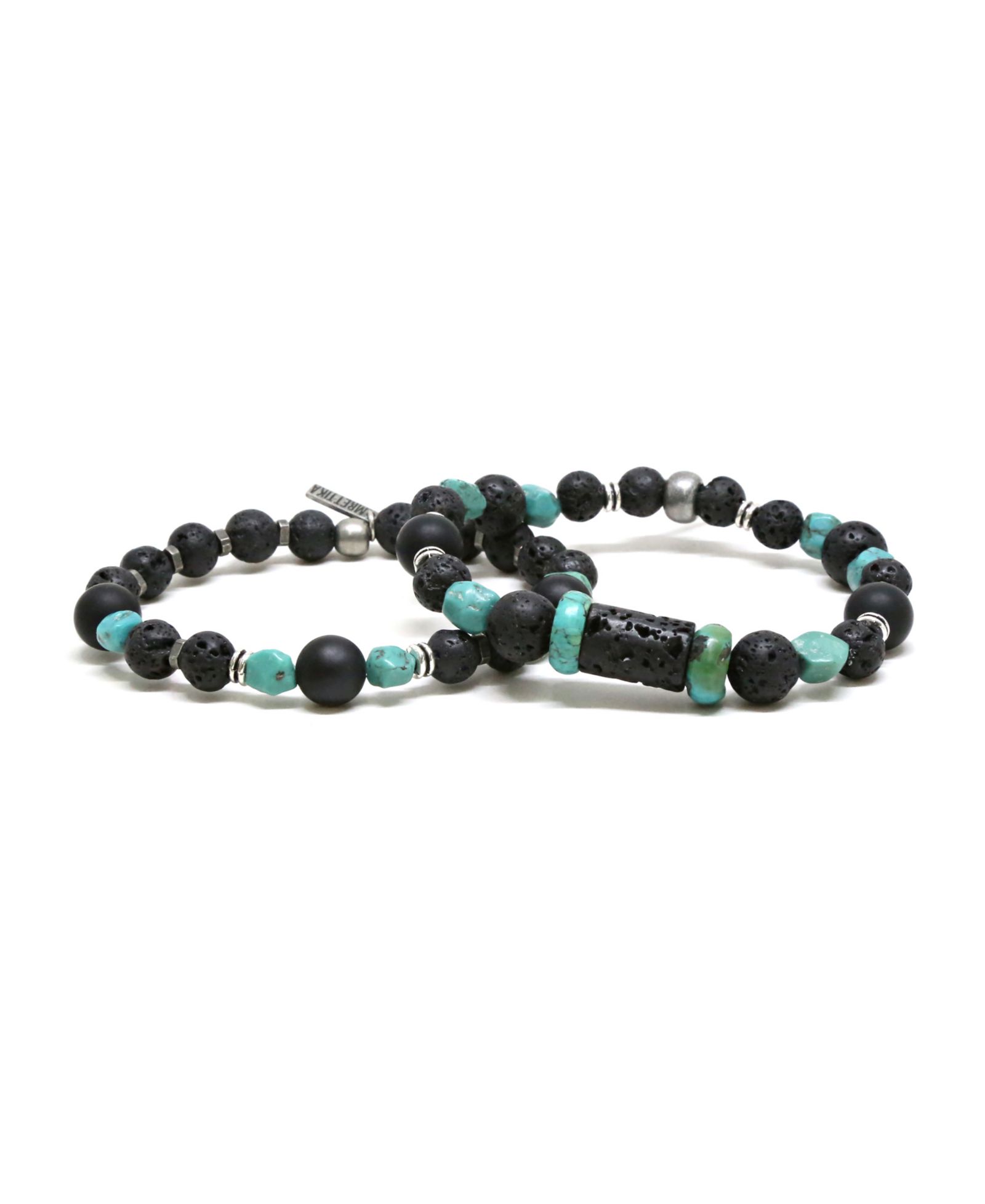 MR ETTIKA Raw Lava Stone and Turquoise Elastic Beaded Bracelet, Pack of 2