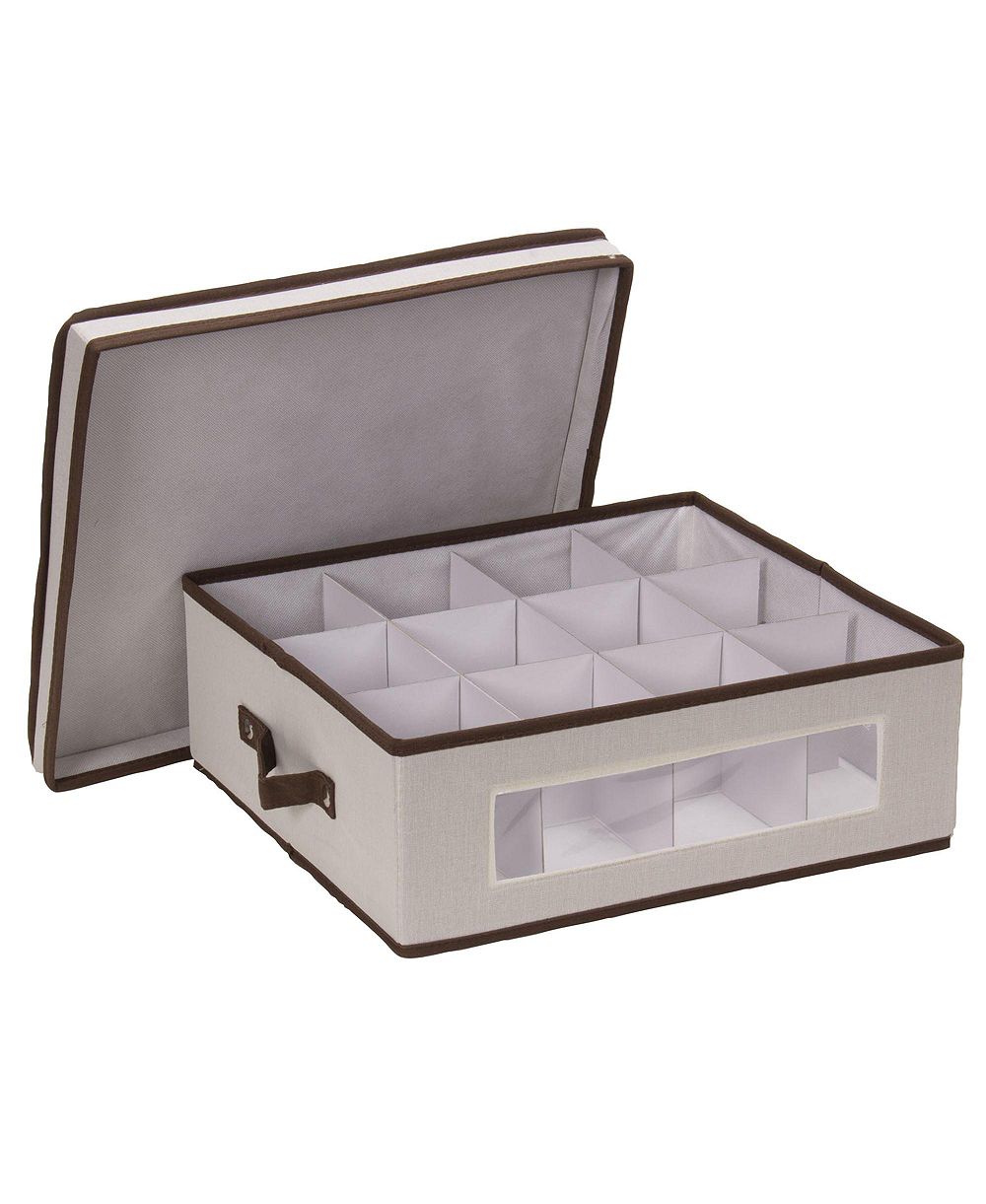 Household Essentials China Cup Storage Box, Windowed with Side Handles, Cream