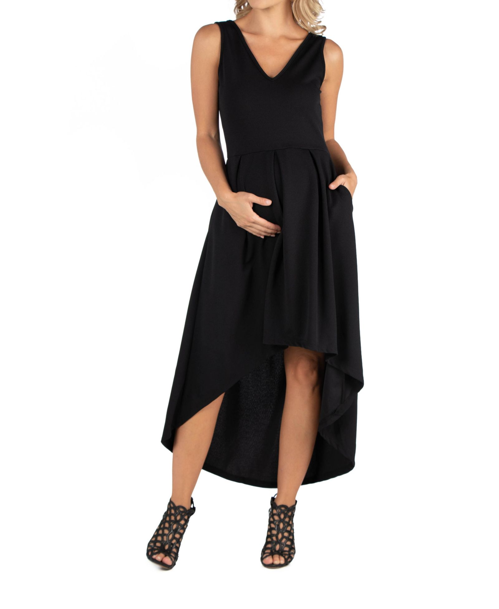 24seven Comfort Apparel Sleeveless Fit and Flare High Low Maternity Dress