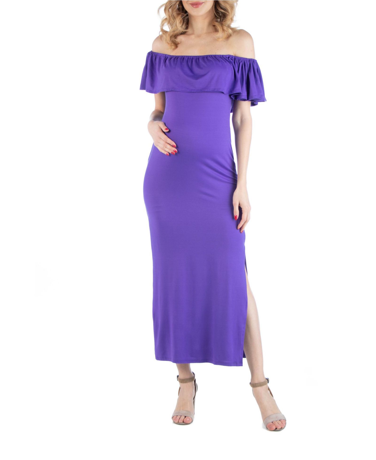 24seven Comfort Apparel Off Shoulder Ruffle Detail Maternity Maxi Dress