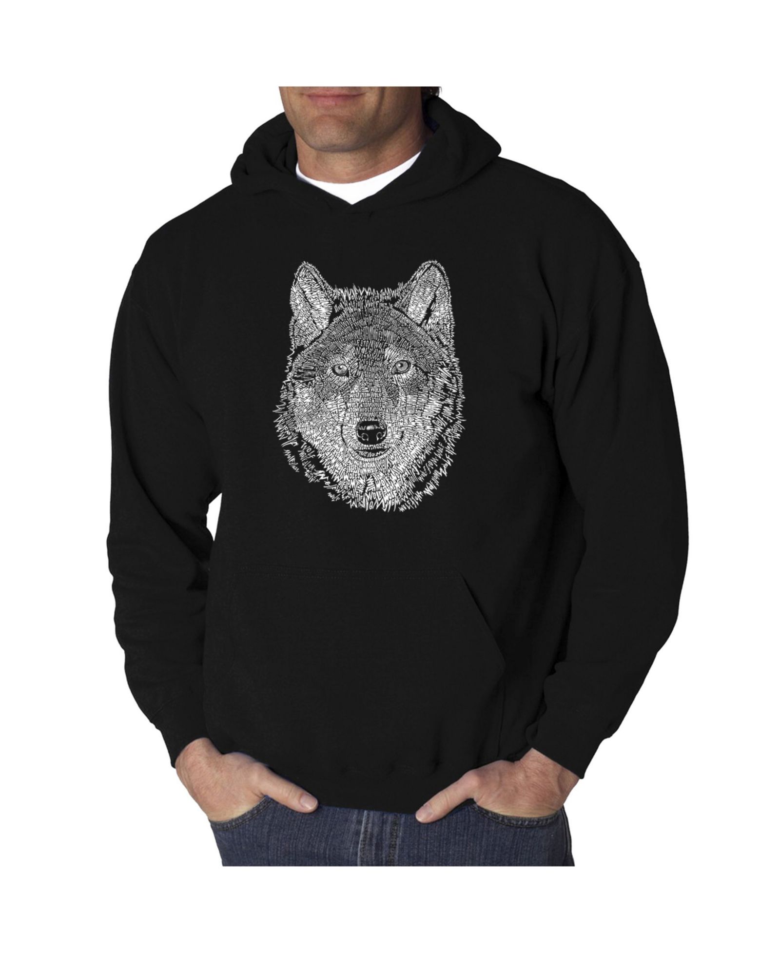 LA Pop Art Men's Wolf Word Art Hooded Sweatshirt