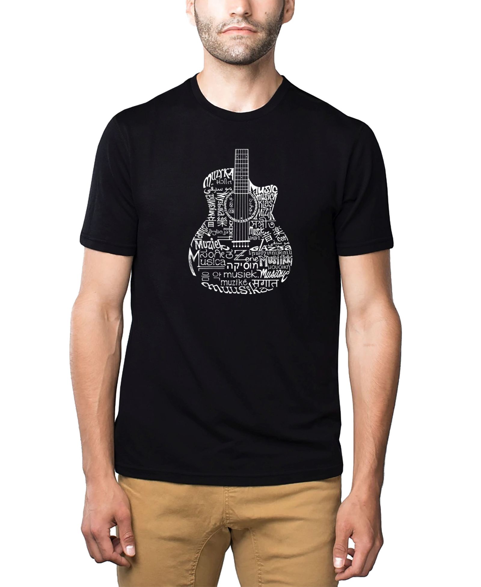 LA Pop Art Men's Cotton/Poly Blend Word Art T-Shirt - Languages Guitar