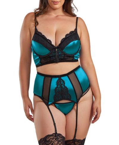 iCollection Plus Size 3-Piece Underwire Padded Bra, Garter Skirt and Thong Satin Lingerie Set