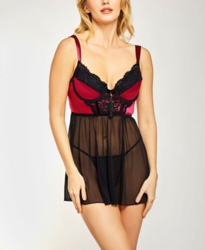 iCollection Venetian Lace and Satin Babydoll 2-Piece Lingerie Set, Online Only