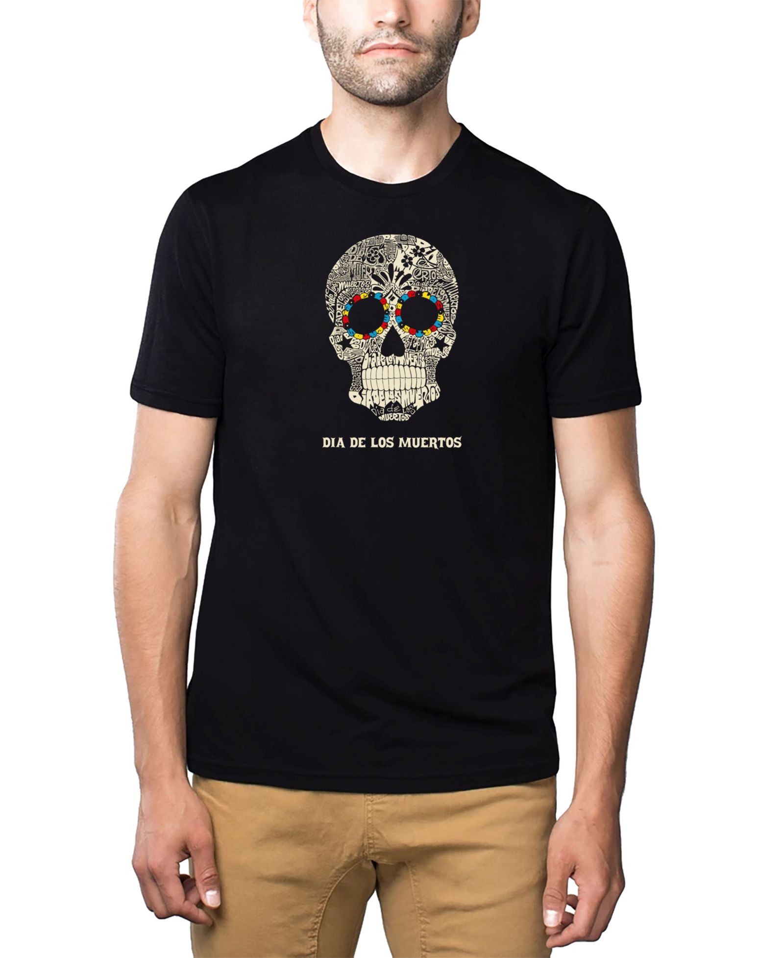 LA Pop Art Men's Cotton/Poly Blend Word Art T-Shirt - Dia De Los Muertos Skull