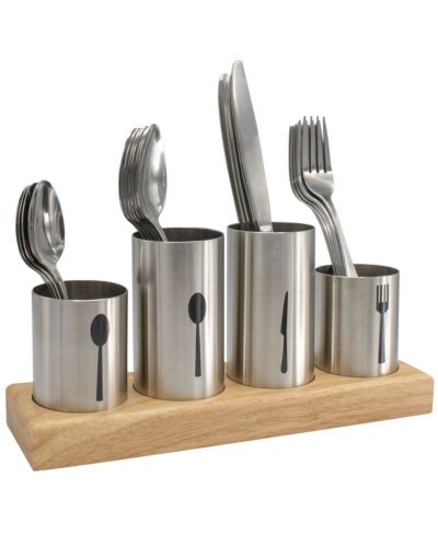 Sorbus Bamboo Wood Base Utensil Holder, for Spoons, Knives and Forks, Stainless Steel Cutlery Organizer