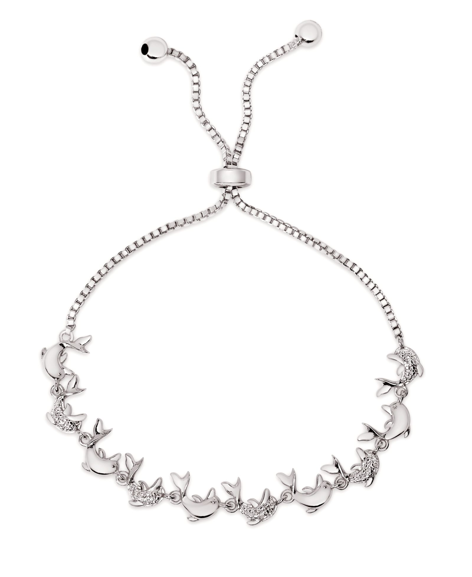 Diamond Accent Dolphin Bolo Adjustable Bracelet in Silver-Plated Brass