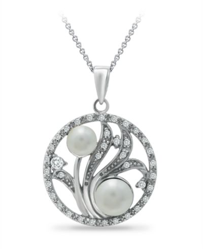 6mm Multi White Imitation Pearls and Cubic Zirconia  Floral Medallion Pendant on 18" Chain, Crafted in Silver Plate