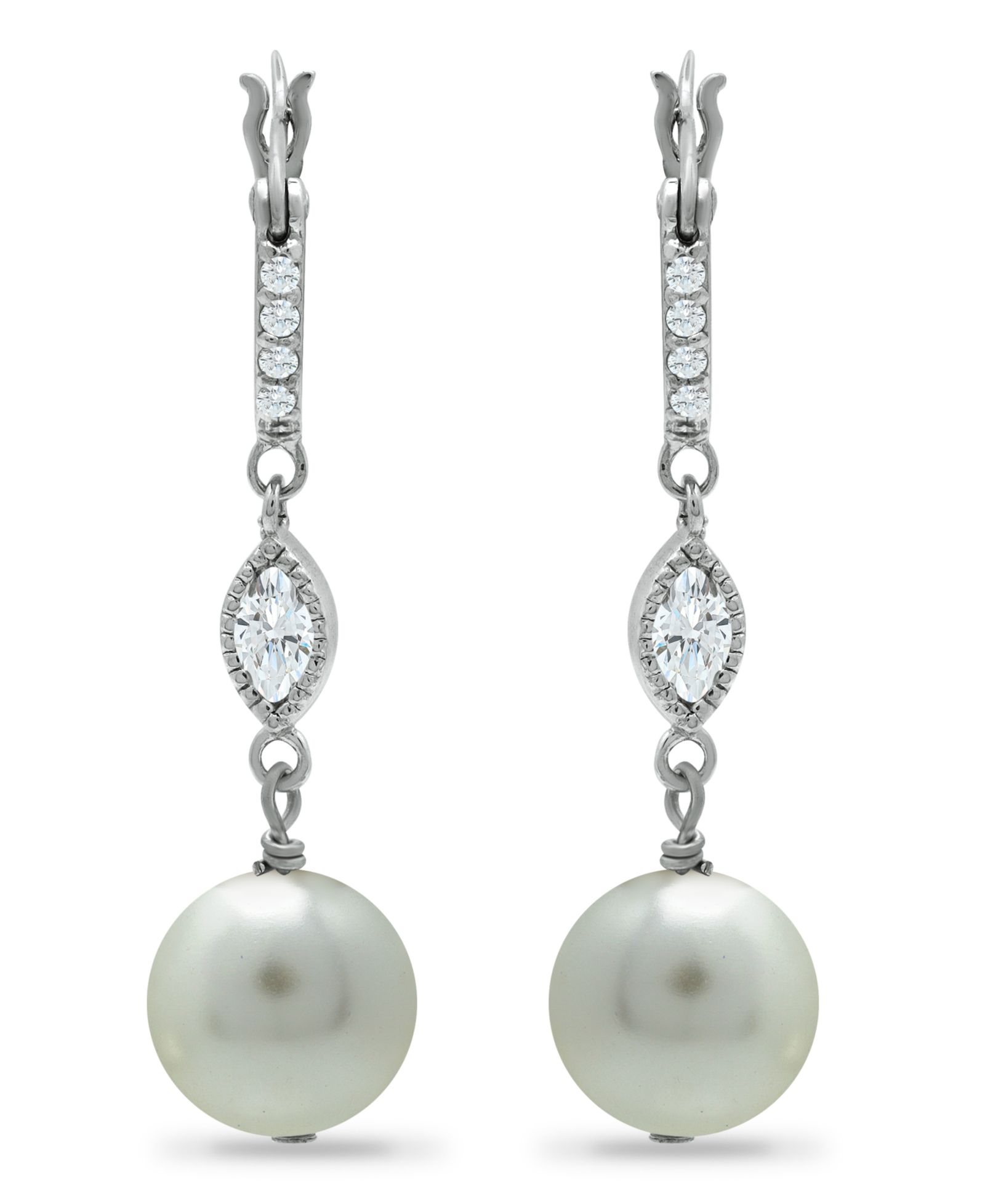 Imitation Pearl Cubic Zirconia Art Deco Linear Earrings Crafted in Silver Plate