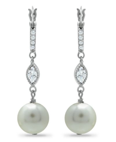 Imitation Pearl Cubic Zirconia Art Deco Linear Earrings Crafted in Silver Plate
