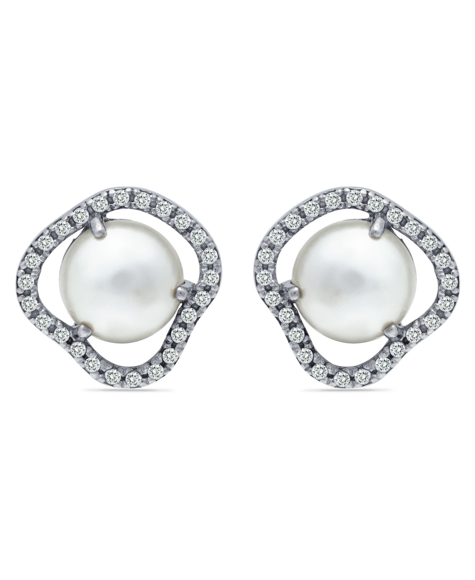 Imitation Pearl Cubic Zirconia Halo Button Earring in Silver Plate