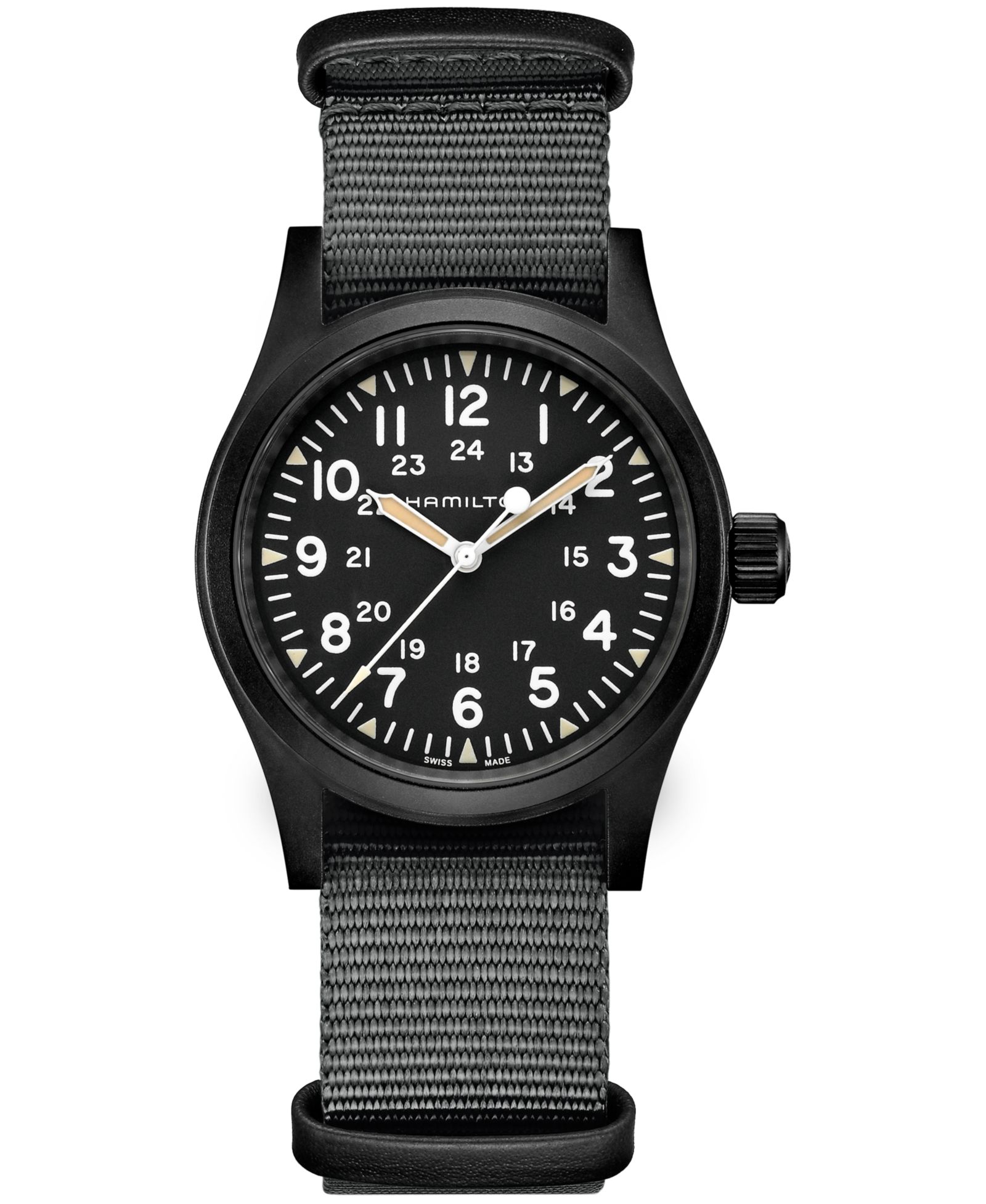 Унисекс часы Hamilton Swiss Mechanical Khaki Field с черным ремешком Nato 38mm