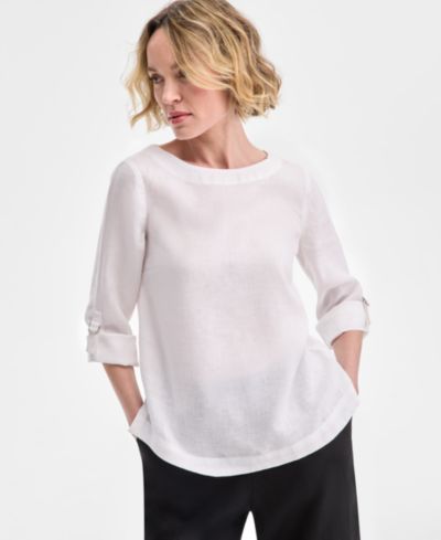 Charter Club Petite 100% Linen Cuffed Top, Created for Macy's