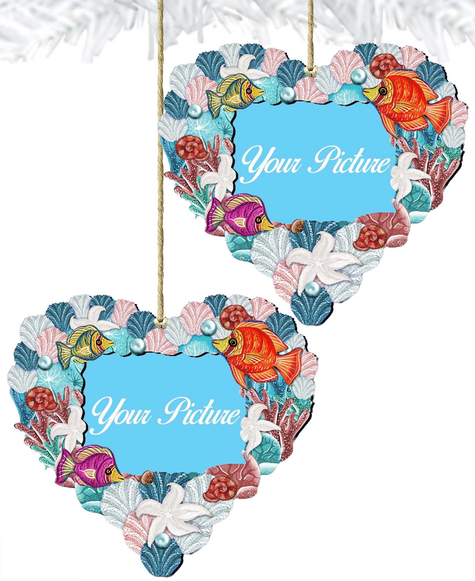 Designocracy Coastal Heart Picture Frame Ornament Set of 2
