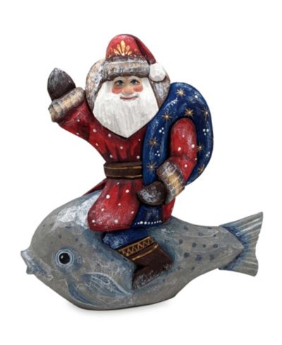 G.DeBrekht Woodcarved Hand Painted Silver Treasure Fish Santa Figurine