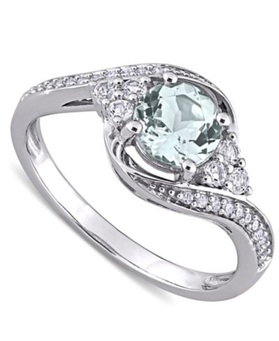 Кольцо Swirl из белого золота 10k с аквамарином (3/4 ct. t.w.), белым топазом (1/4 ct. t.w.) и бриллиантом (1/10 ct. t.w.)