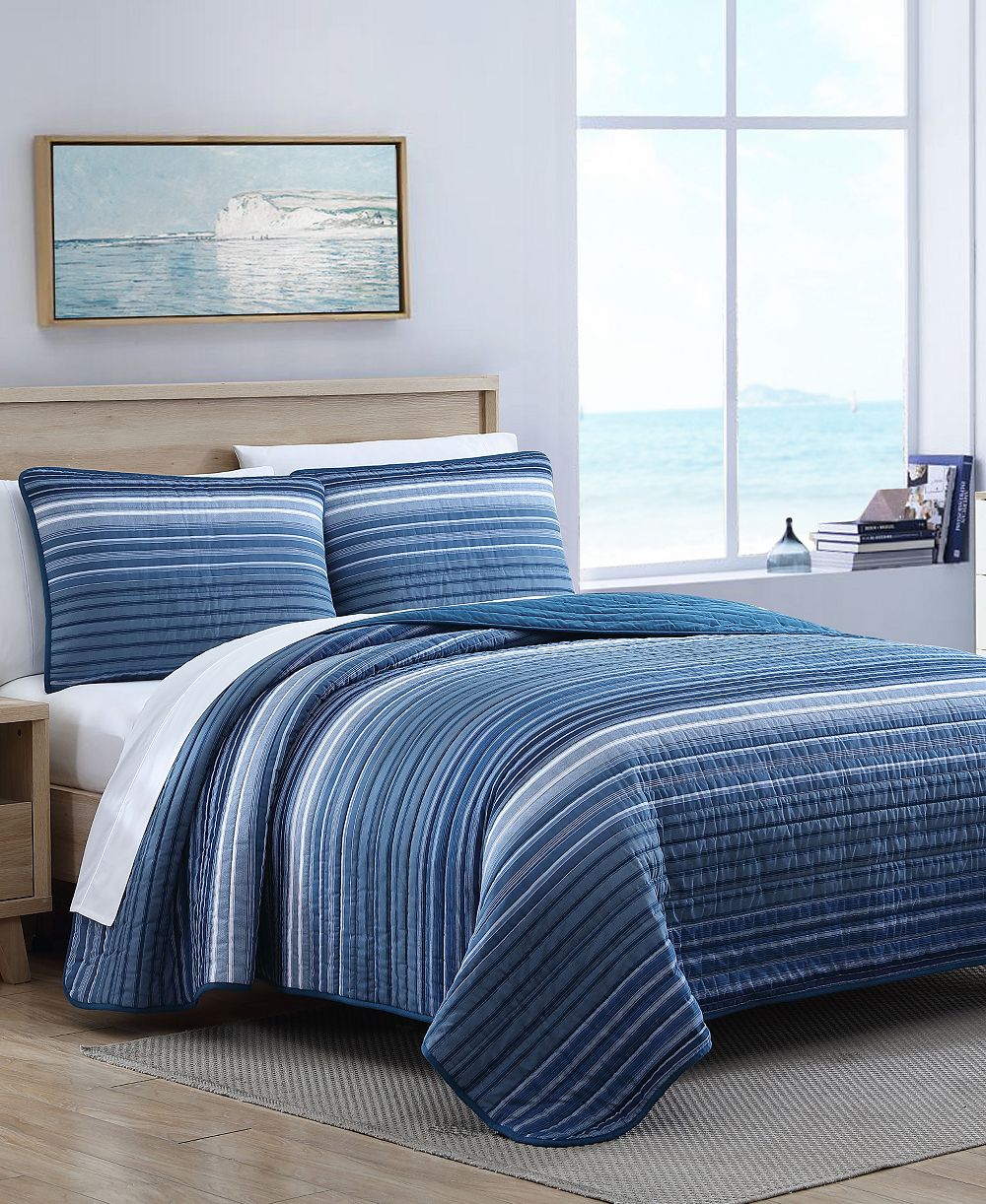 Nautica Coveside Blue Cotton Reversible 3-Piece Quilt Set, King