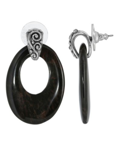 Серьги-кольца 2028 Pewter Semi Precious Oval Obsidian