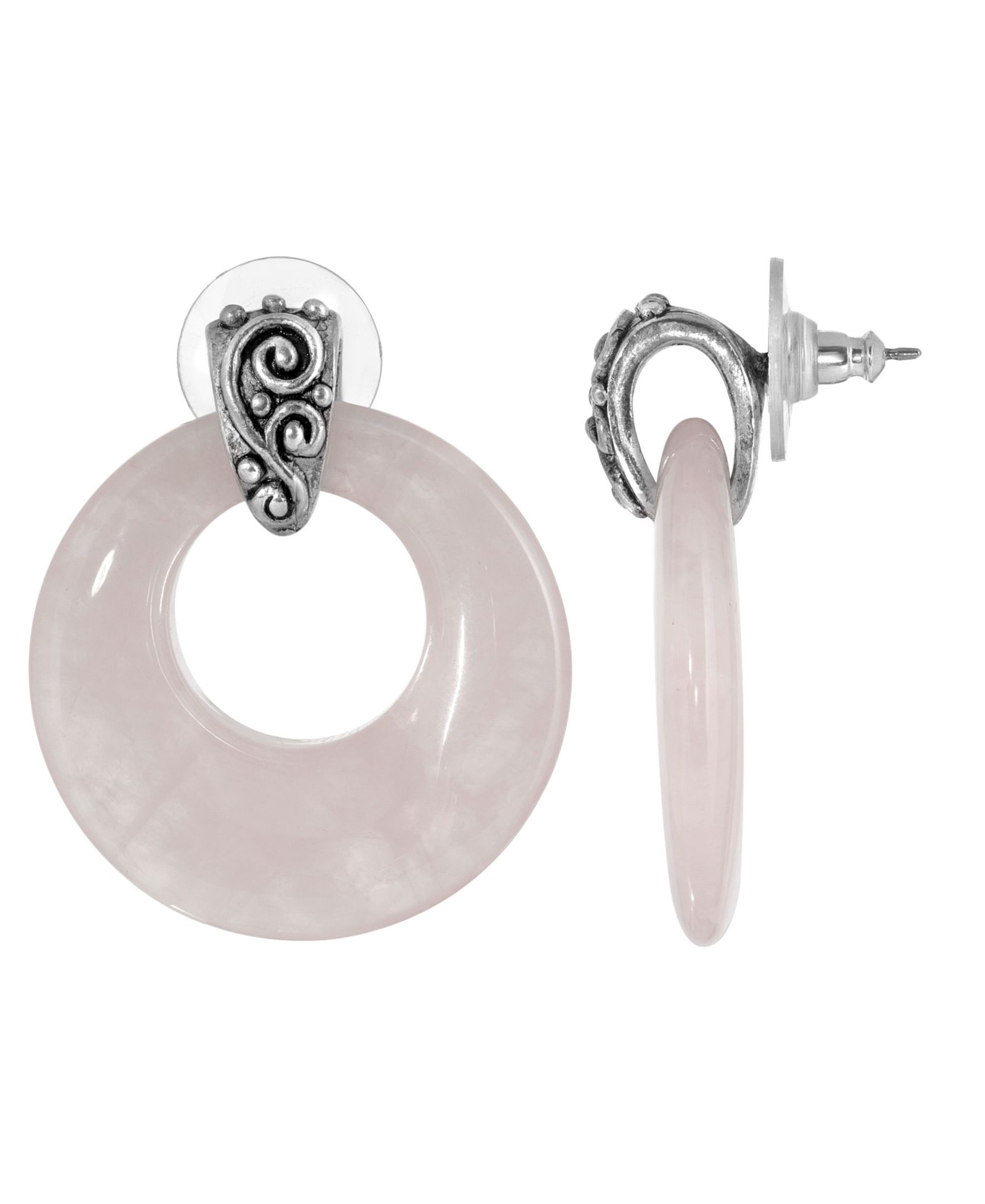 Серьги-кольца 2028 Pewter Semi Precious Round Rose Quarts