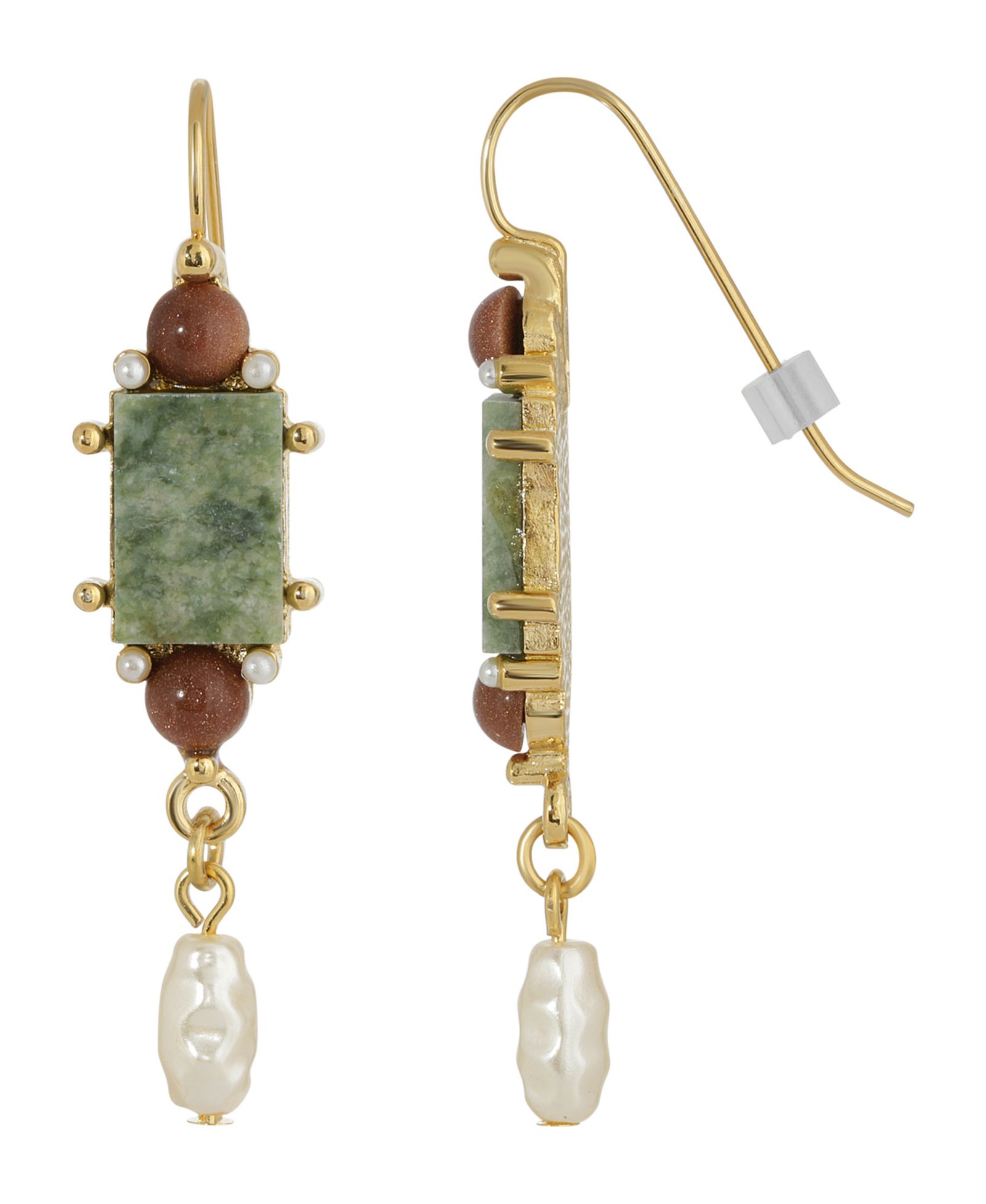 Серьги 2028 Gold-Tone Semi Precious Aventurine Rectangle Imitation Pearl Drop