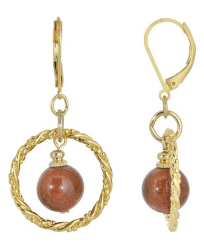 2028 серьги-кольца Gold-Tone Genuine Stone Sandstone Round Stone