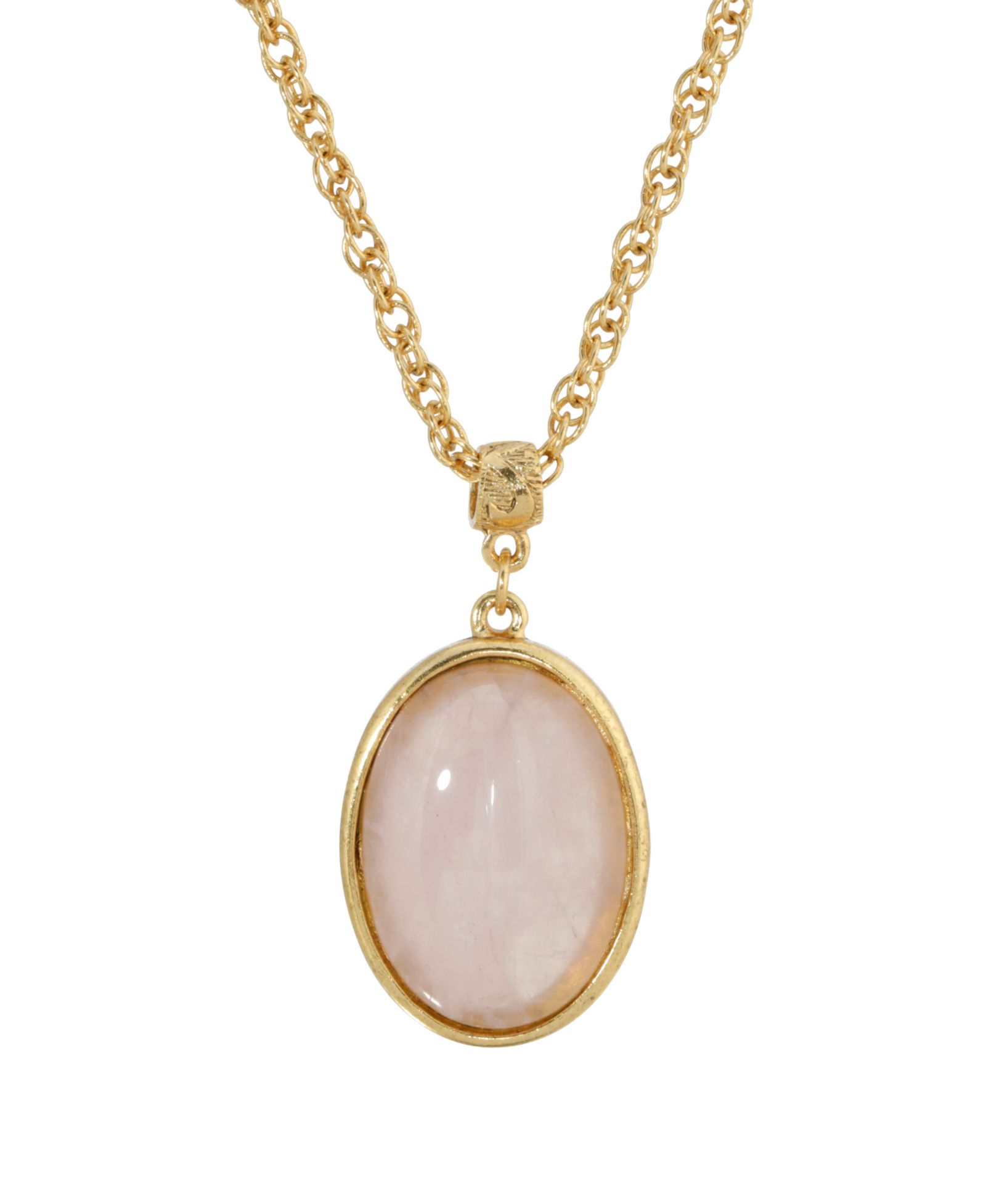 2028 14K Gold Plated Semi Precious Rose Quartz Oval Pendant Necklace