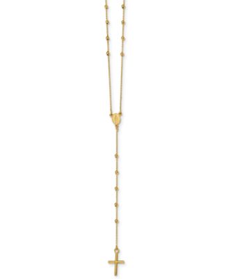 Cross Rosary 24" Lariat Necklace in 14k Yellow Gold