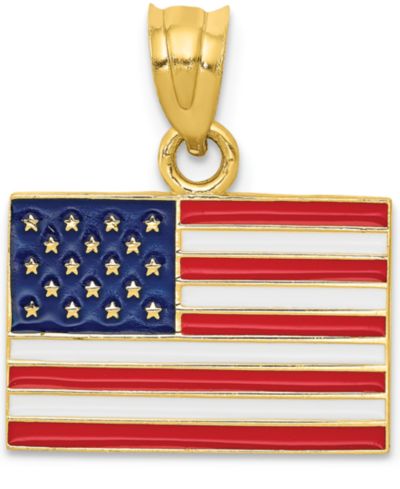USA Flag Charm Pendant in 14k Yellow Gold & Enamel