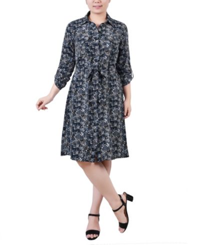 Платье-рубашка NY Collection Petite Printed Long Sleeve Roll Tab