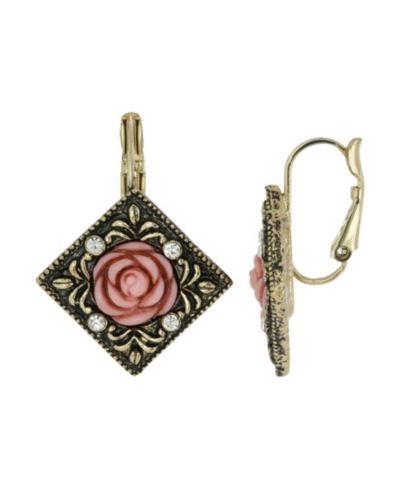 Серьги-подвески 2028 Gold-Tone Pink Carved Rose с кристаллами, ромбовидные