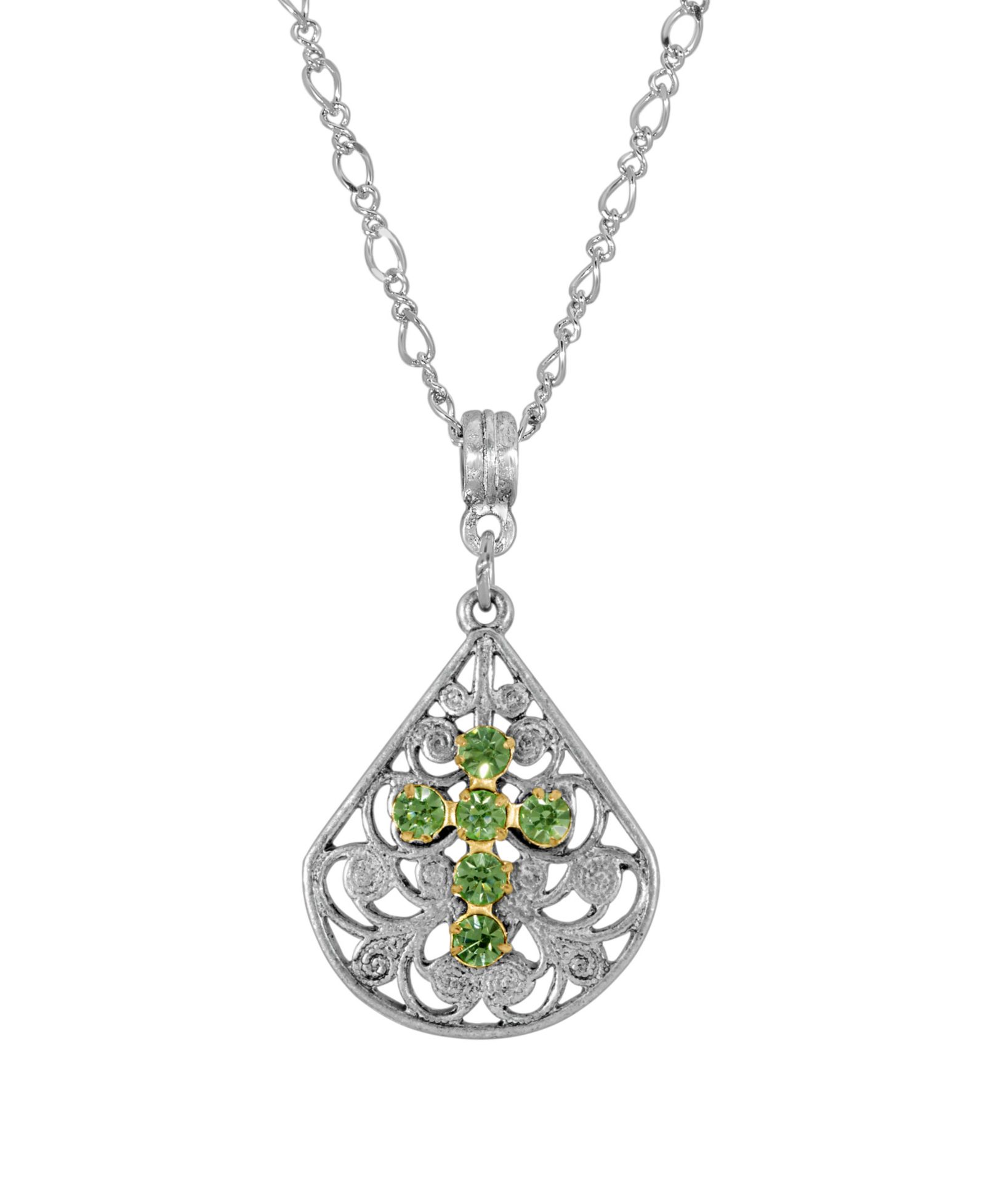 Подвеска 2028 Pewter Fan Light Green Crystal Cross, регулируемая, 16"