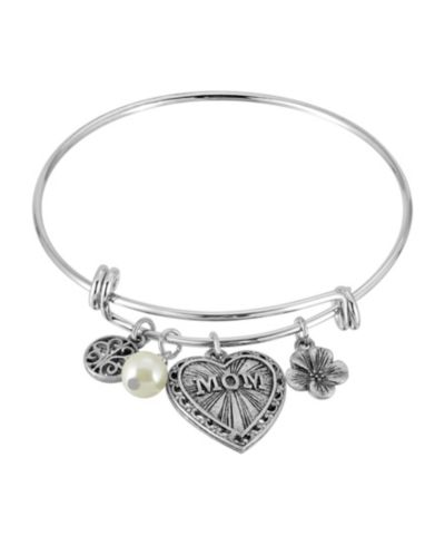 Браслет 2028 Pewter MOM Heart Flower Imitation Pearl Charm