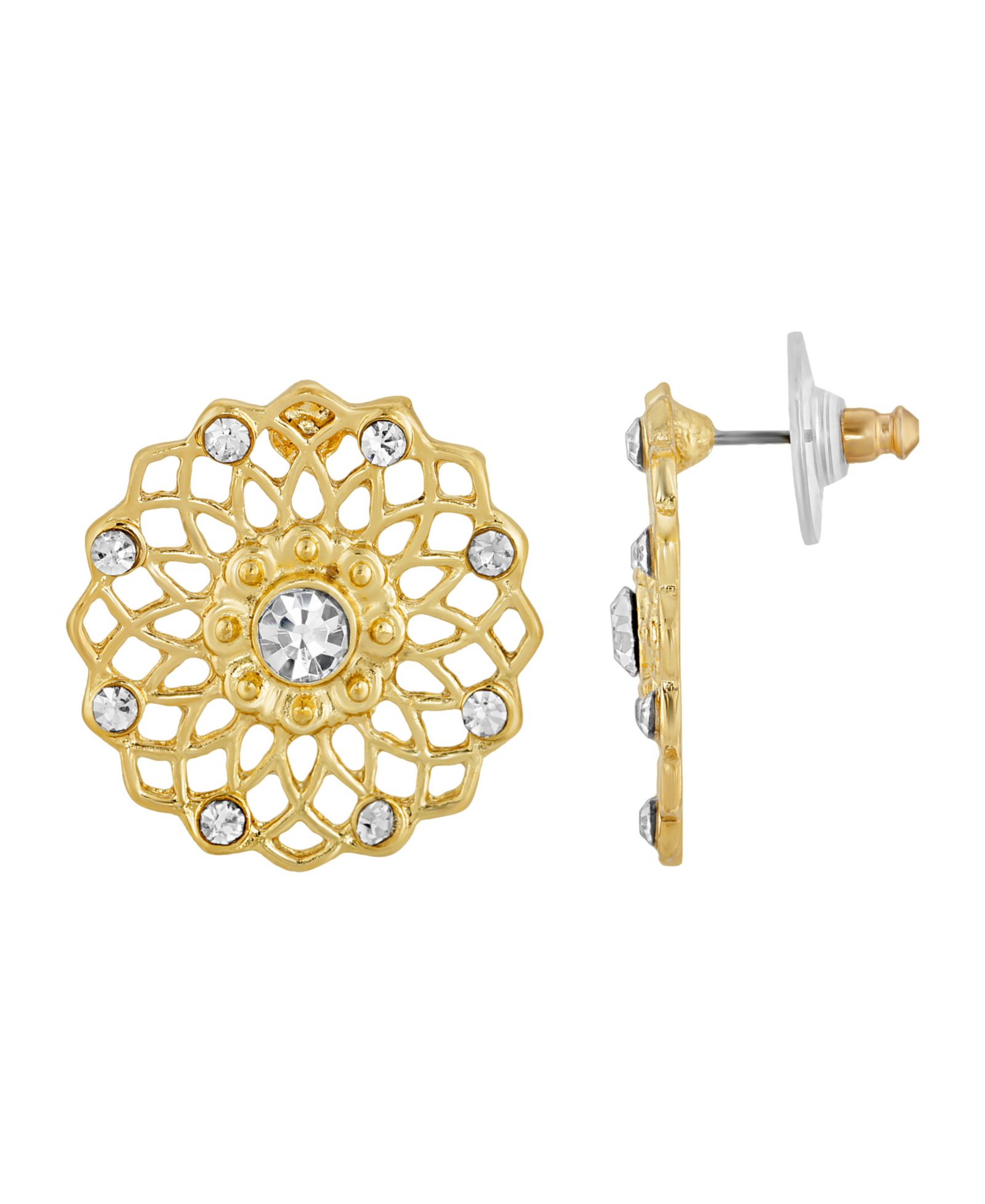 Серьги 2028 Gold-Tone Crystal Large Filigree Button